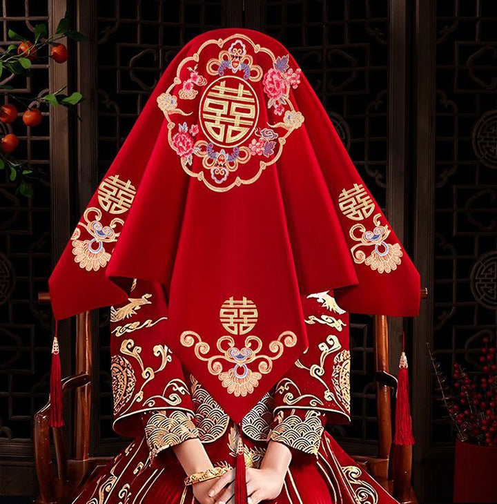 Red Floral Embroidery Chinese Wedding Bridal Veil
