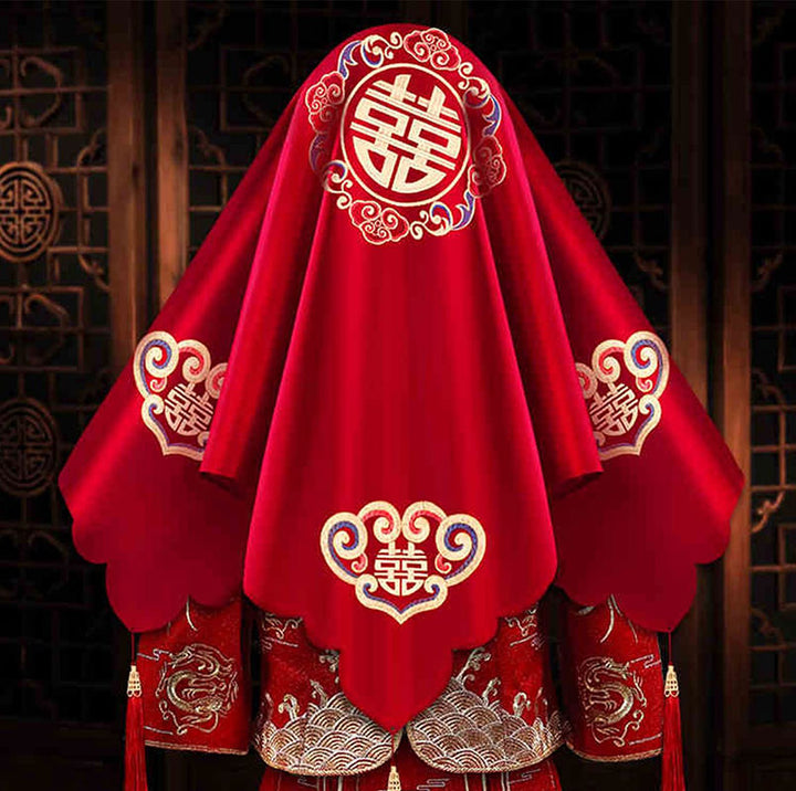 Red Floral Embroidery Chinese Wedding Bridal Veil