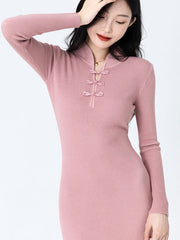 Pink Beige Winter High Neck Knit Sweater Midi Dress