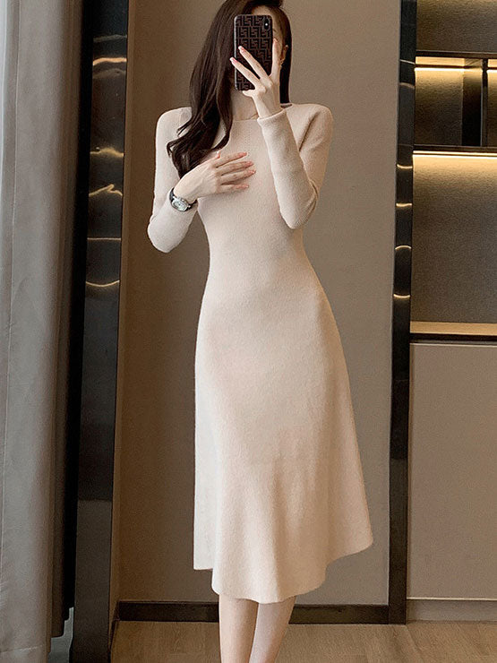 Beige Black Winter Knit Sweater Midi A-line Dress
