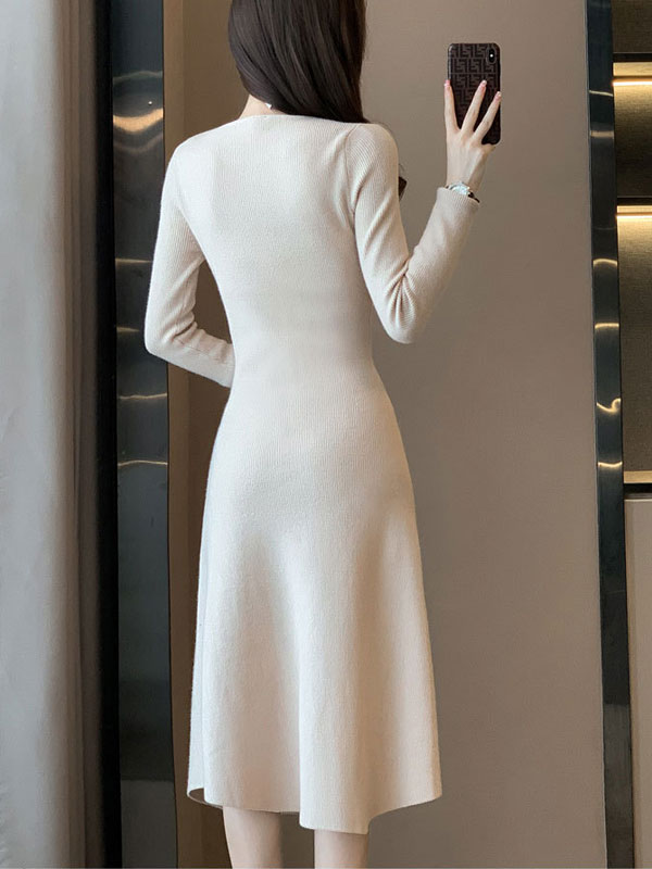 Beige Black Winter Knit Sweater Midi A-line Dress