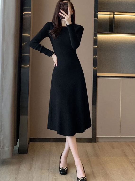 Beige Black Winter Knit Sweater Midi A-line Dress