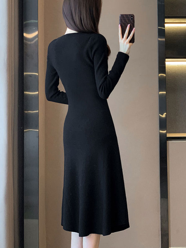 Beige Black Winter Knit Sweater Midi A-line Dress