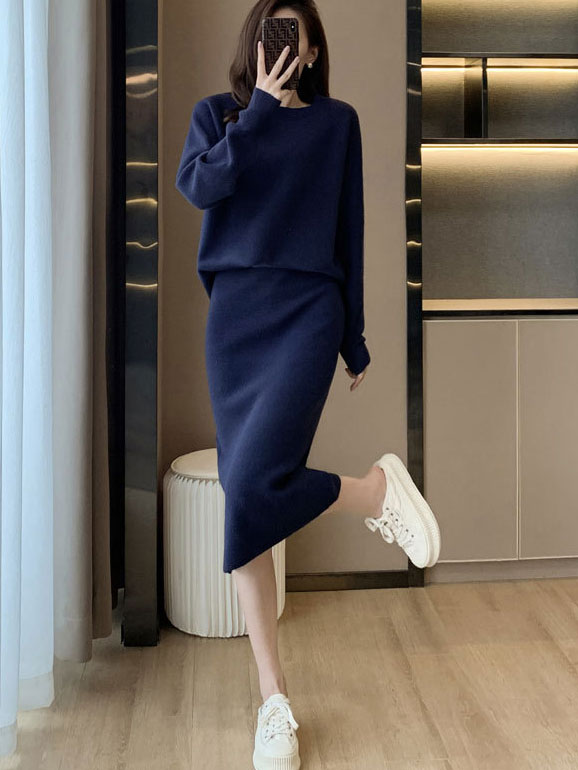 Blue Beige Knit Sweater & Midi Skirt Set