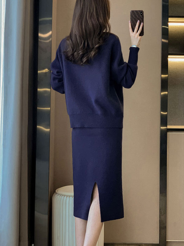 Blue Beige Knit Sweater & Midi Skirt Set