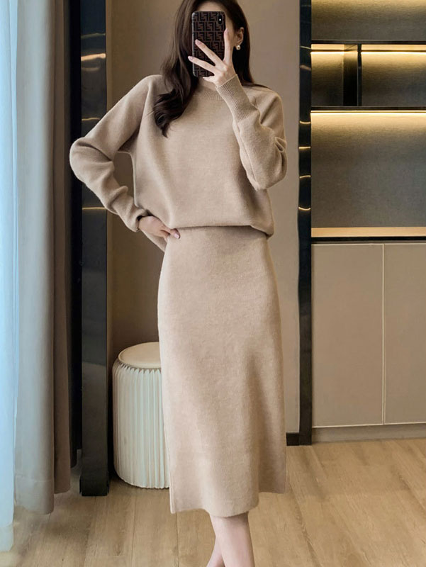 Blue Beige Knit Sweater & Midi Skirt Set