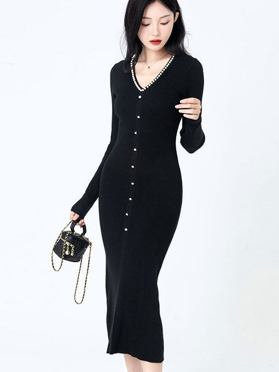 Black Winter Knit Sweater Midi Dress