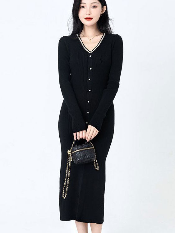 Black Winter Knit Sweater Midi Dress