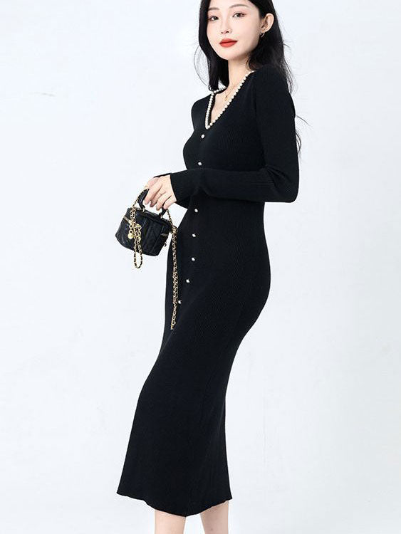 Black Winter Knit Sweater Midi Dress