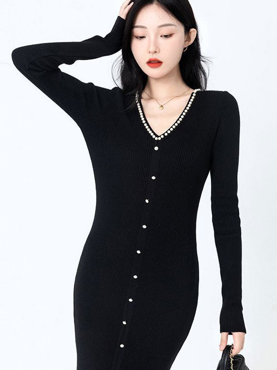 Black Winter Knit Sweater Midi Dress