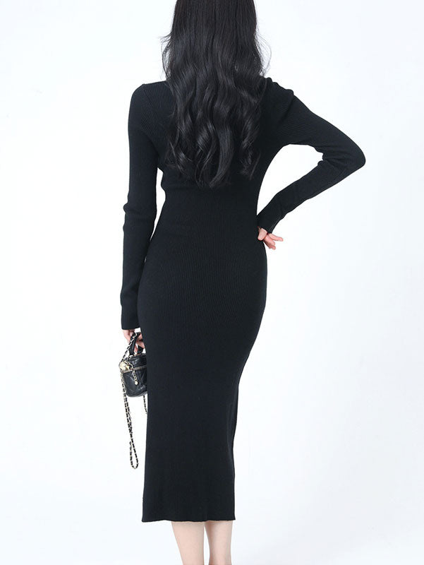 Black Winter Knit Sweater Midi Dress