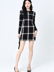 Black Plaid Knit Winter Mini Dress