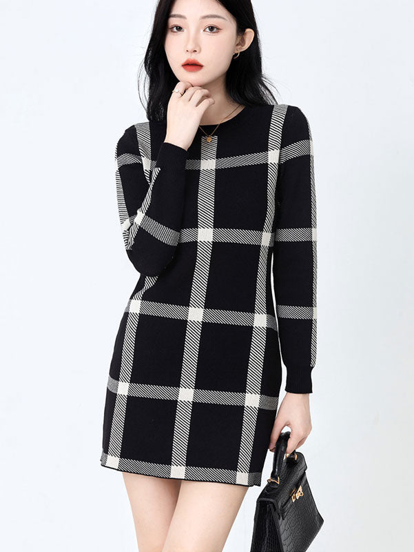 Black Plaid Knit Winter Mini Dress