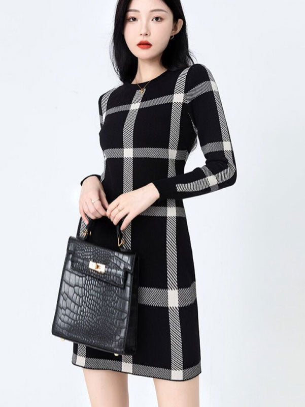 Black Plaid Knit Winter Mini Dress