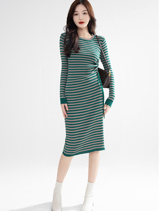 Green Strip Side Tie Knit Sweater Midi Dress