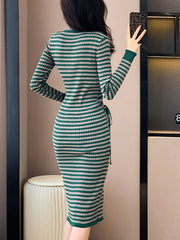 Green Strip Side Tie Knit Sweater Midi Dress