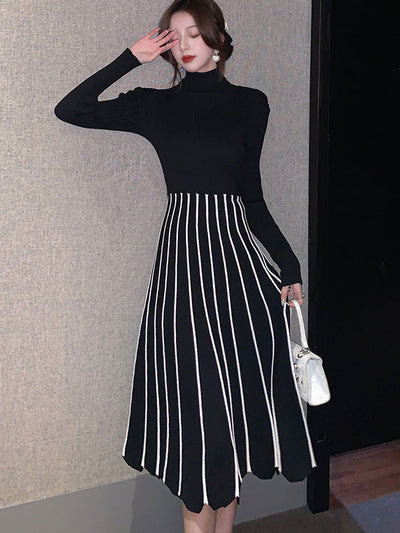 Black Patchwork Stripe Knit Sweater Midi Dress