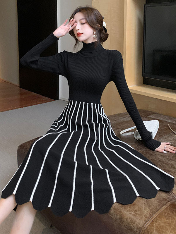 Black Patchwork Stripe Knit Sweater Midi Dress