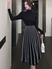 Black Patchwork Stripe Knit Sweater Midi Dress
