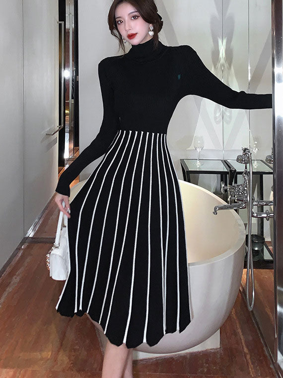 Black Patchwork Stripe Knit Sweater Midi Dress