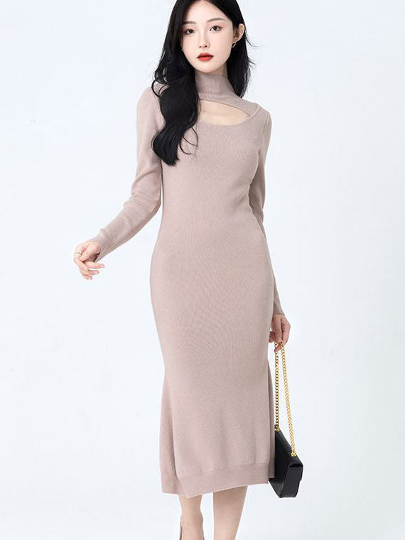 Black Khaki High Neck Cutout Knit Sweater Midi Dress
