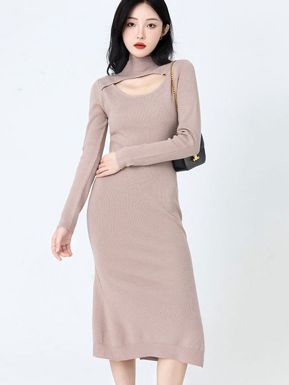 Black Khaki High Neck Cutout Knit Sweater Midi Dress