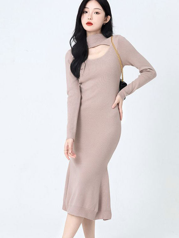 Black Khaki High Neck Cutout Knit Sweater Midi Dress