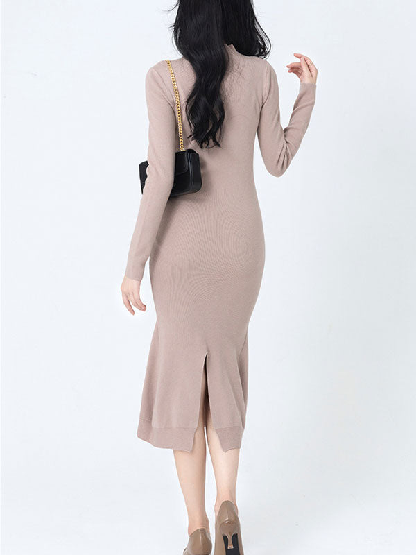 Black Khaki High Neck Cutout Knit Sweater Midi Dress