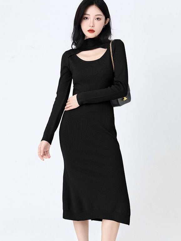 Black Khaki High Neck Cutout Knit Sweater Midi Dress