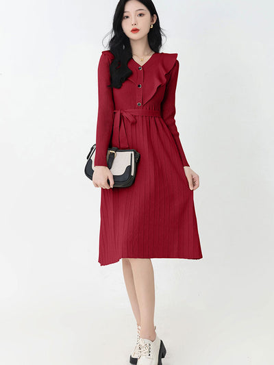 Red Black Winter Knit Sweater Belt Midi A-line Dress