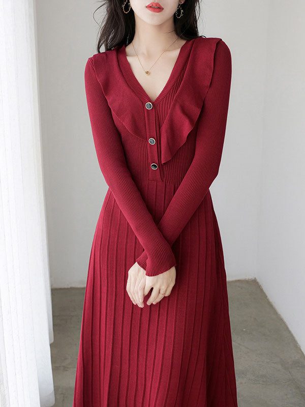 Red Black Winter Knit Sweater Belt Midi A-line Dress