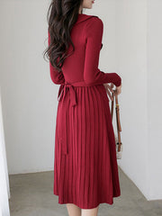 Red Black Winter Knit Sweater Belt Midi A-line Dress