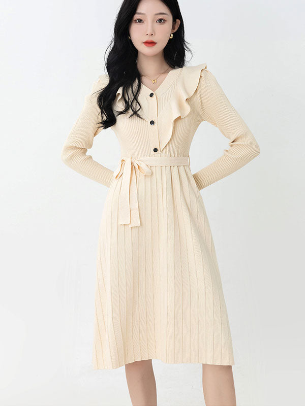 Red Black Winter Knit Sweater Belt Midi A-line Dress