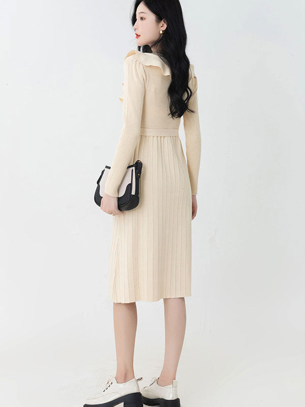 Red Black Winter Knit Sweater Belt Midi A-line Dress