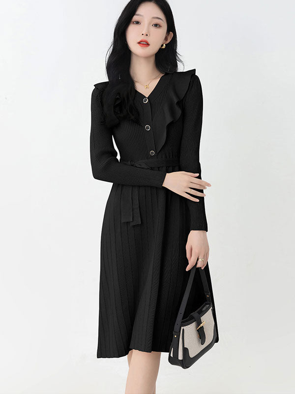 Red Black Winter Knit Sweater Belt Midi A-line Dress