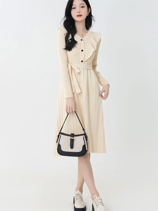 Red Black Winter Knit Sweater Belt Midi A-line Dress