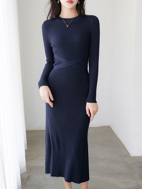 Blue Winter Crew Neck Knit Sweater Belt Midi Dress