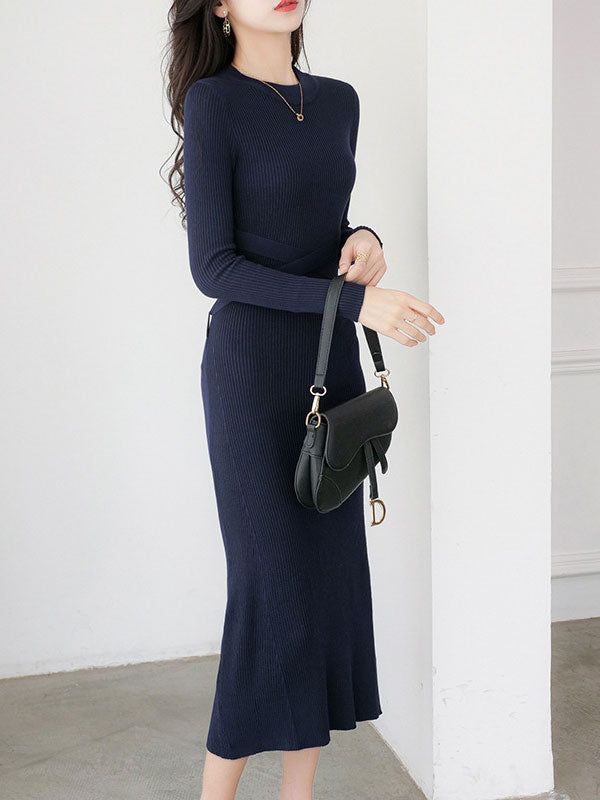 Blue Winter Crew Neck Knit Sweater Belt Midi Dress