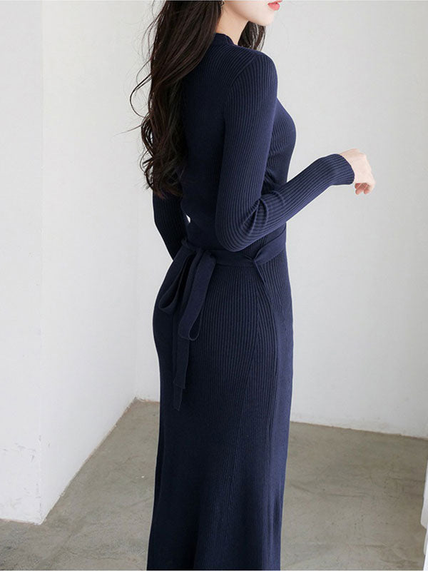 Blue Winter Crew Neck Knit Sweater Belt Midi Dress