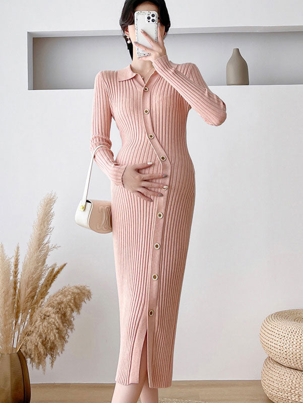 Pink Black Baby Shower Pregnant Buttons Knit Sweater Dress