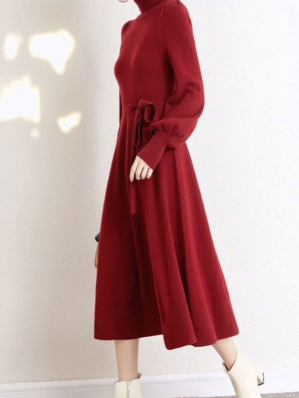 Black Red Winter Knit Sweater Belt A-line Maxi Dress