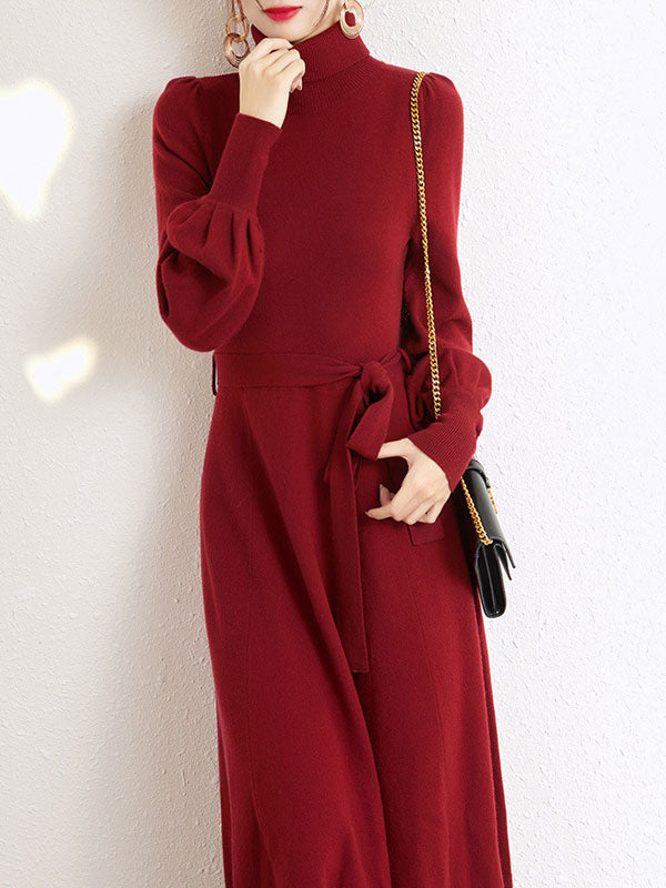 Black Red Winter Knit Sweater Belt A-line Maxi Dress