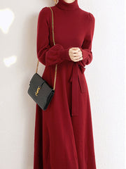 Black Red Winter Knit Sweater Belt A-line Maxi Dress