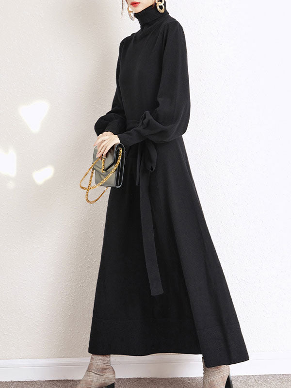Black Red Winter Knit Sweater Belt A-line Maxi Dress