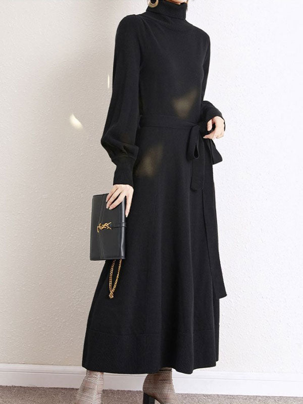 Black Red Winter Knit Sweater Belt A-line Maxi Dress