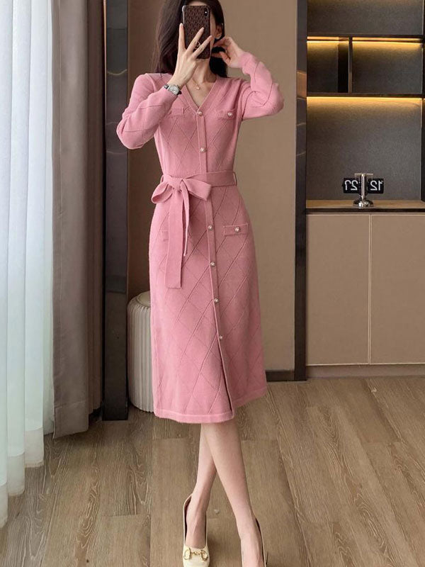 Pink Winter Knit Sweater Belt Midi A-line Dress