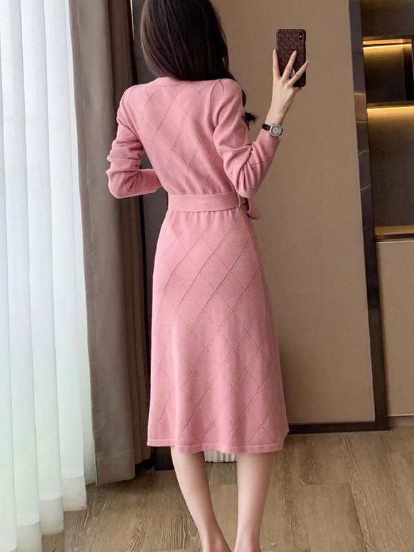 Pink Winter Knit Sweater Belt Midi A-line Dress