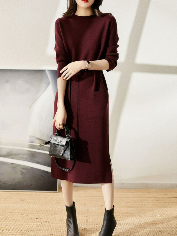 Burgundy Black Winter Knit Sweater Belt Midi Dress