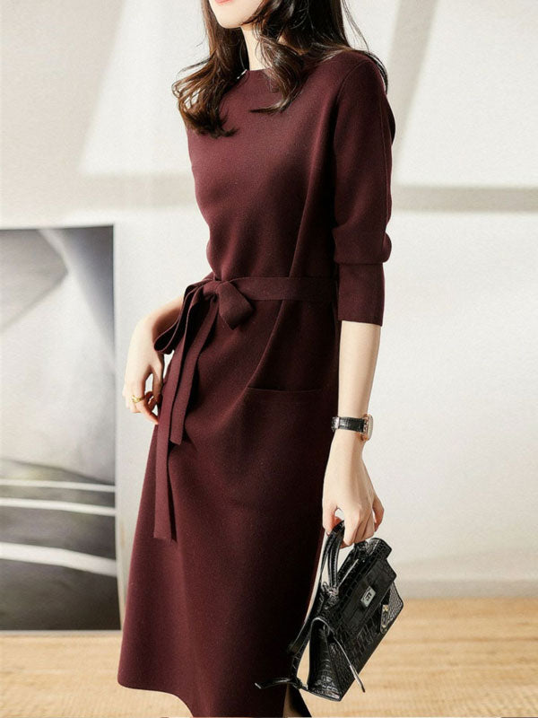 Burgundy Black Winter Knit Sweater Belt Midi Dress