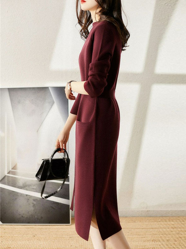 Burgundy Black Winter Knit Sweater Belt Midi Dress